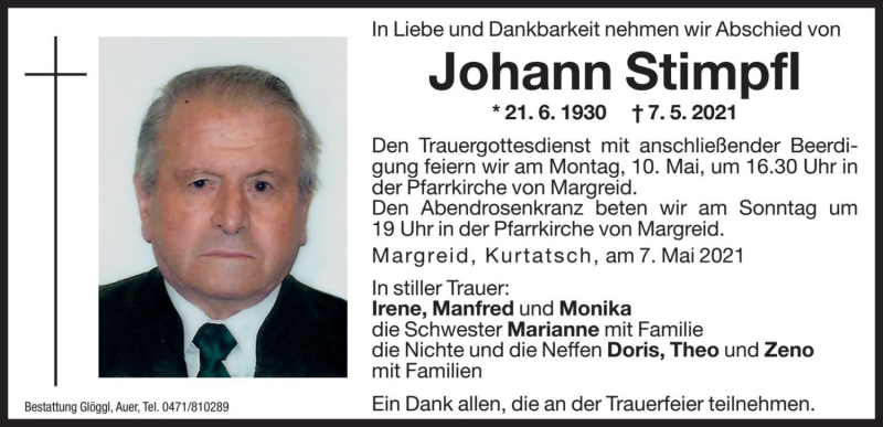  Traueranzeige für Johann Stimpfl vom 08.05.2021 aus Dolomiten
