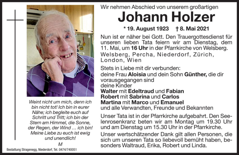  Traueranzeige für Johann Holzer  vom 10.05.2021 aus Dolomiten