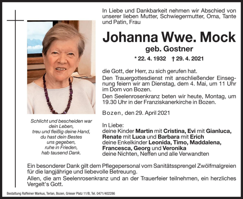  Traueranzeige für Johanna Mock vom 03.05.2021 aus Dolomiten