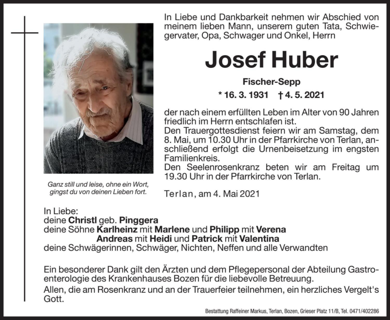  Traueranzeige für Josef Huber vom 06.05.2021 aus Dolomiten