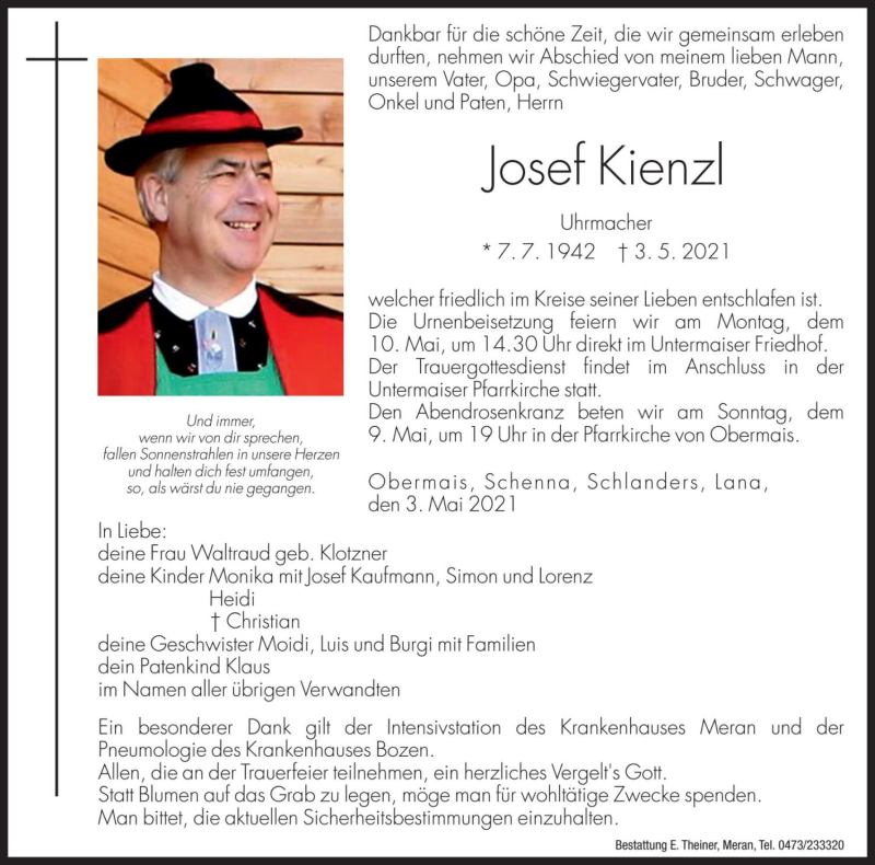  Traueranzeige für Josef Kienzl vom 07.05.2021 aus Dolomiten