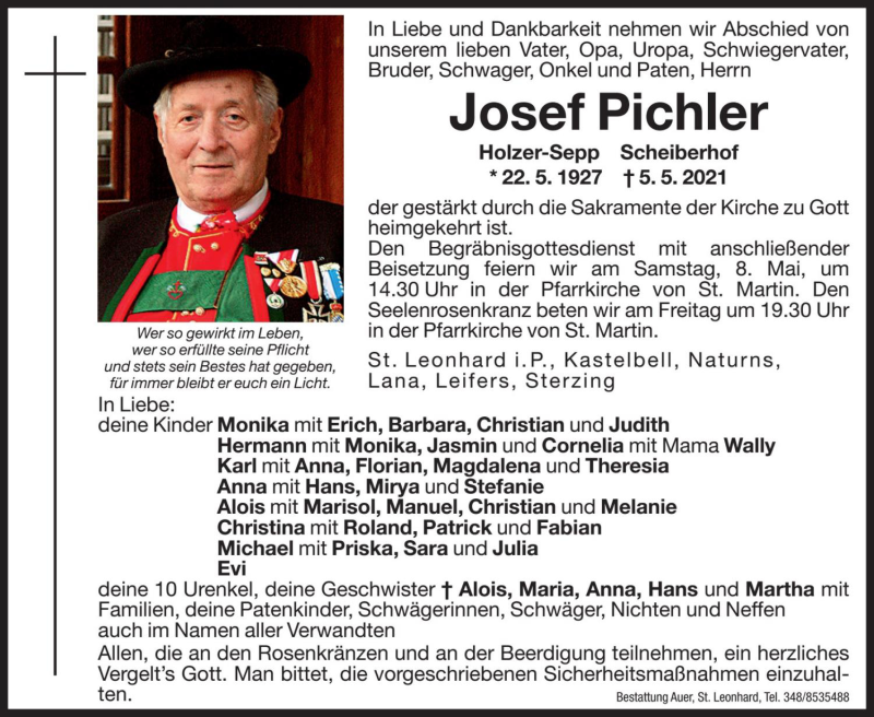  Traueranzeige für Josef Pichler vom 07.05.2021 aus Dolomiten