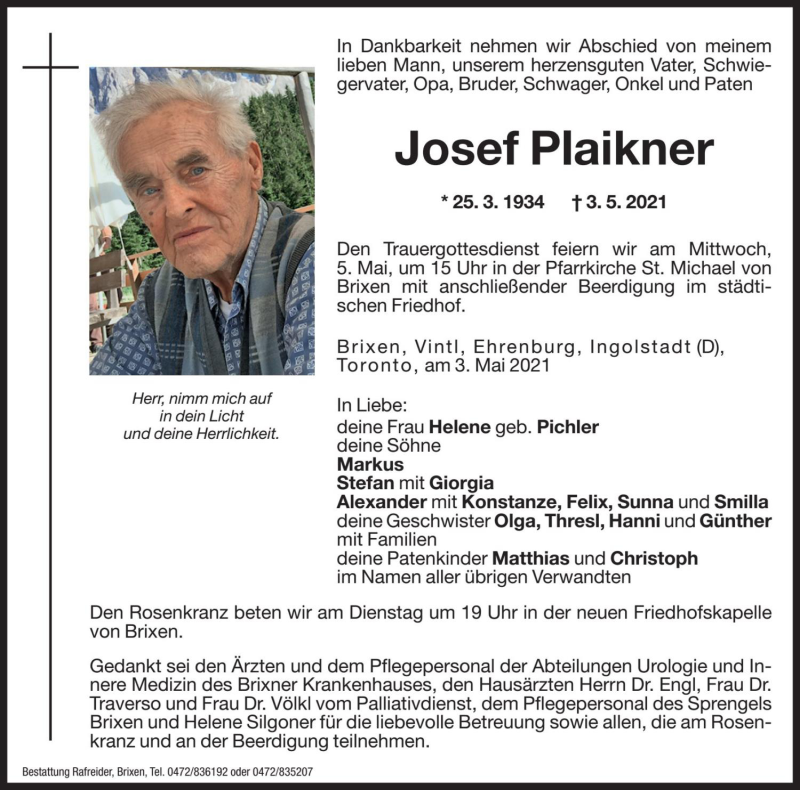  Traueranzeige für Josef Plaikner vom 04.05.2021 aus Dolomiten