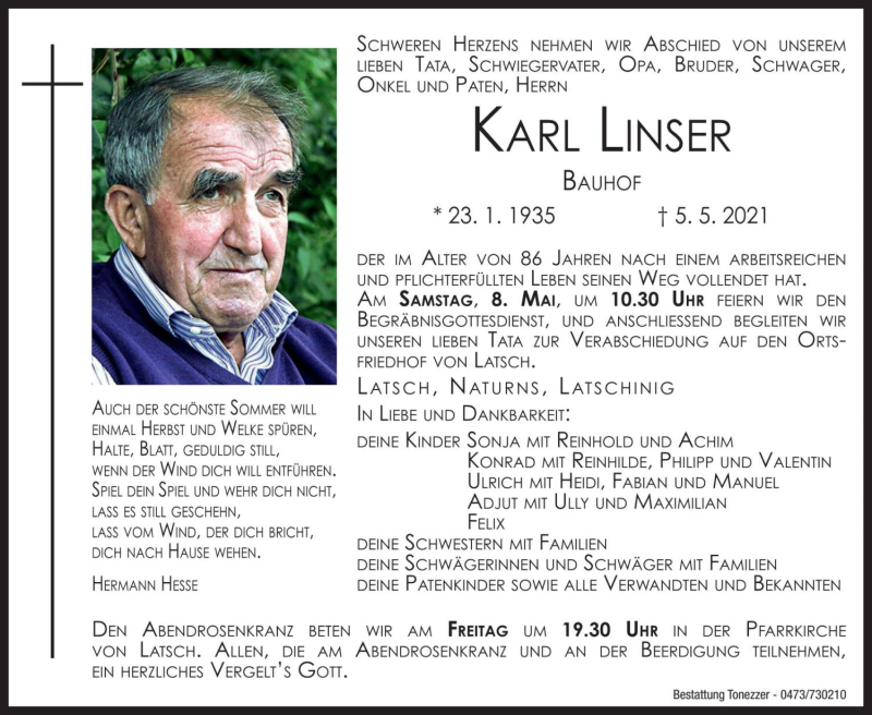  Traueranzeige für Karl Linser vom 07.05.2021 aus Dolomiten