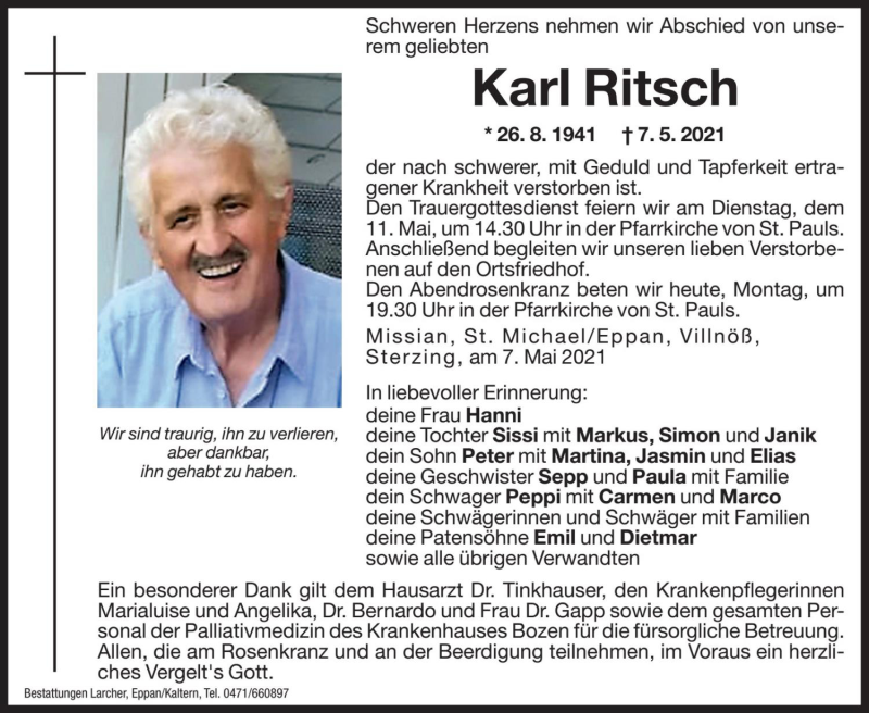  Traueranzeige für Karl Ritsch vom 10.05.2021 aus Dolomiten