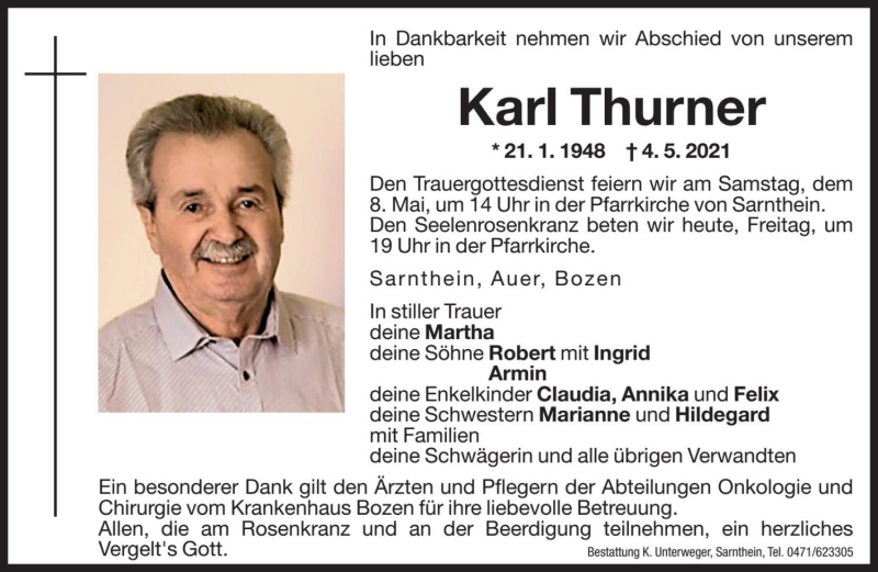  Traueranzeige für Karl Thurner vom 07.05.2021 aus Dolomiten
