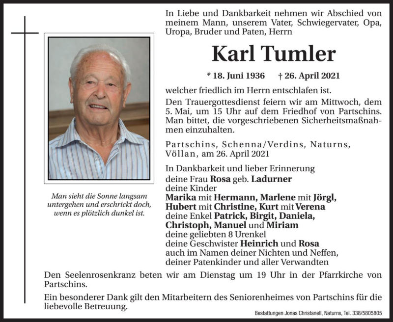 Traueranzeige für Karl Tumler vom 03.05.2021 aus Dolomiten