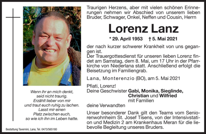  Traueranzeige für Lorenz Lanz vom 07.05.2021 aus Dolomiten