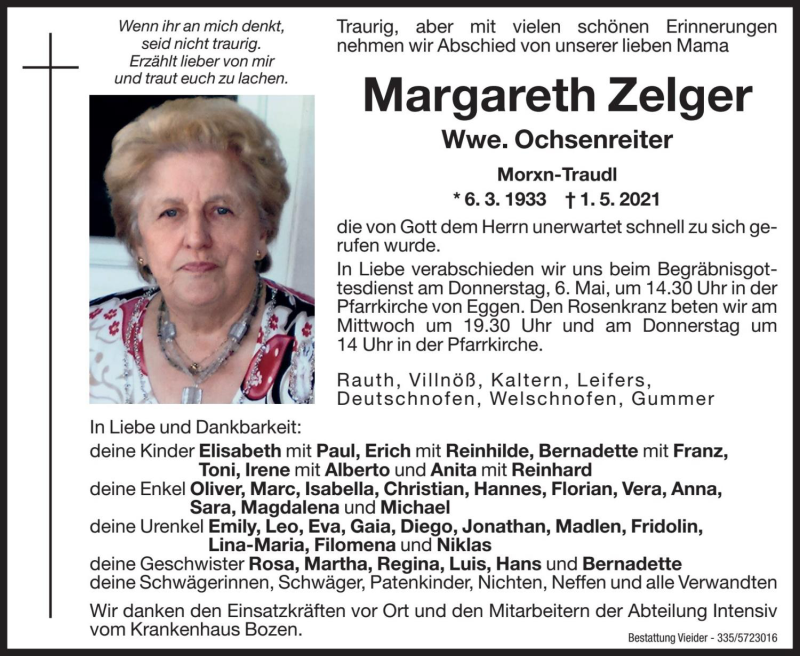  Traueranzeige für Margareth Ochsenreiter vom 04.05.2021 aus Dolomiten
