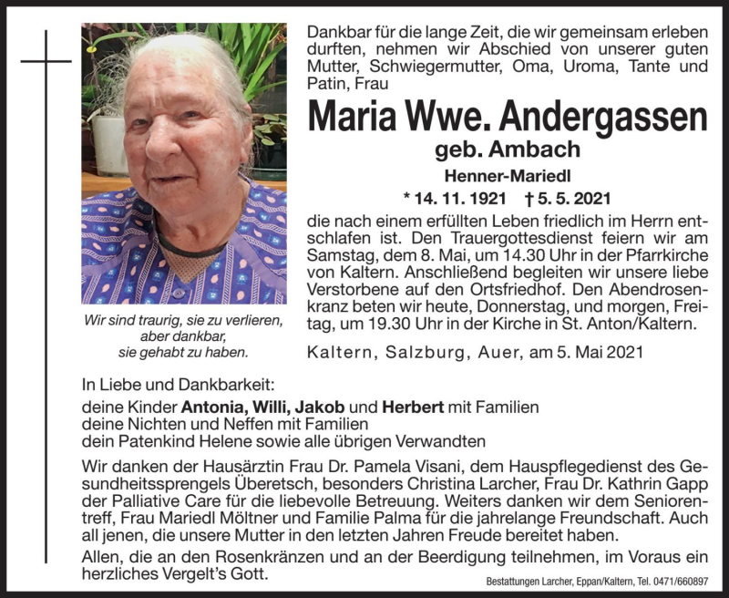  Traueranzeige für Maria Andergassen vom 06.05.2021 aus Dolomiten