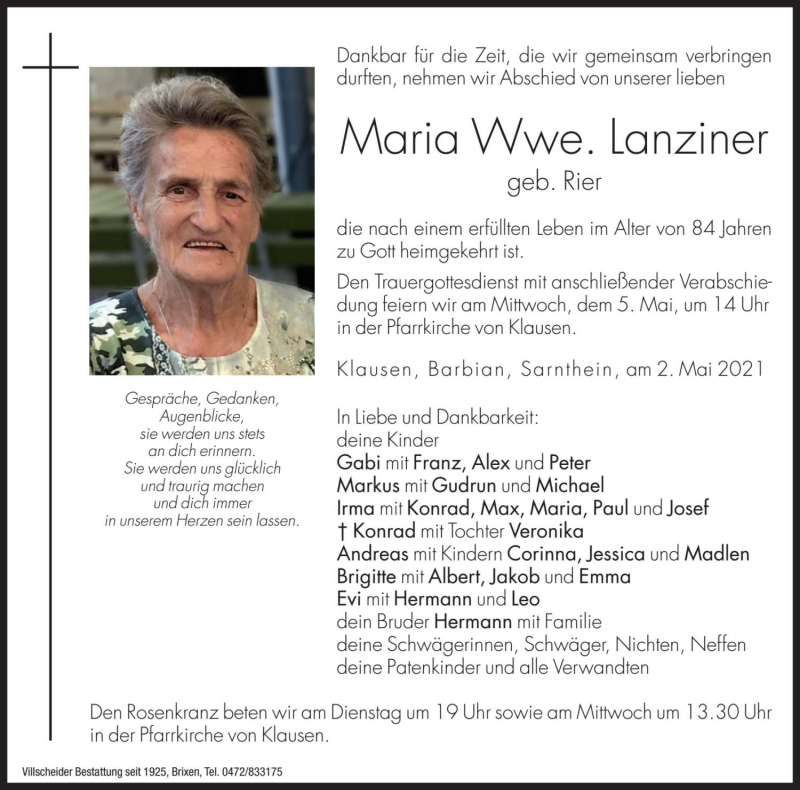  Traueranzeige für Maria Lanziner vom 04.05.2021 aus Dolomiten