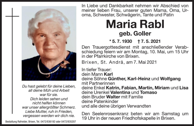  Traueranzeige für Maria Rabl vom 08.05.2021 aus Dolomiten