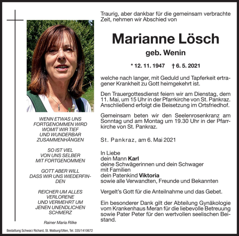  Traueranzeige für Marianne Lösch vom 07.05.2021 aus Dolomiten