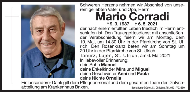 Traueranzeige für Mario Corradi vom 08.05.2021 aus Dolomiten