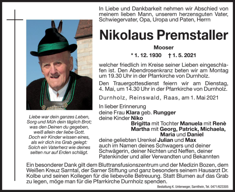  Traueranzeige für Nikolaus Premstaller vom 03.05.2021 aus Dolomiten