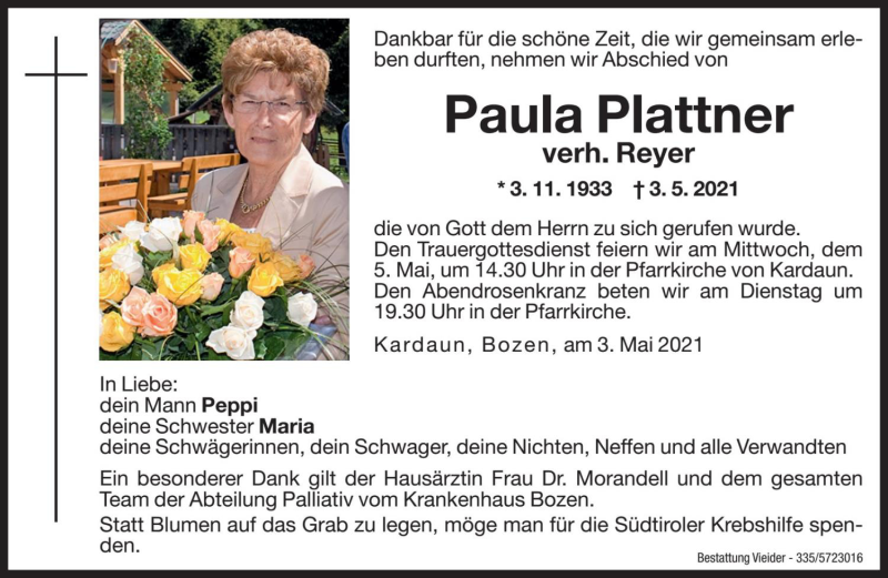  Traueranzeige für Paula Reyer vom 04.05.2021 aus Dolomiten