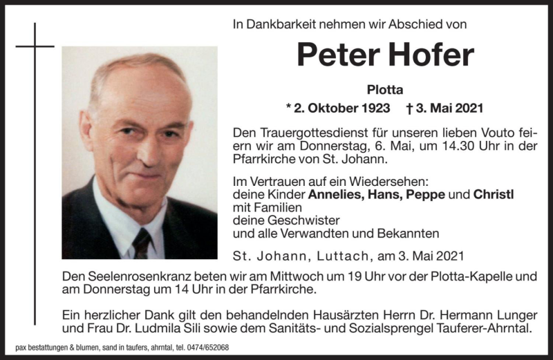  Traueranzeige für Peter Hofer vom 05.05.2021 aus Dolomiten