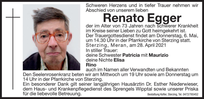  Traueranzeige für Renato Egger vom 04.05.2021 aus Dolomiten