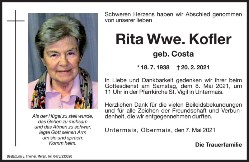  Traueranzeige für Rita Kofler vom 07.05.2021 aus Dolomiten