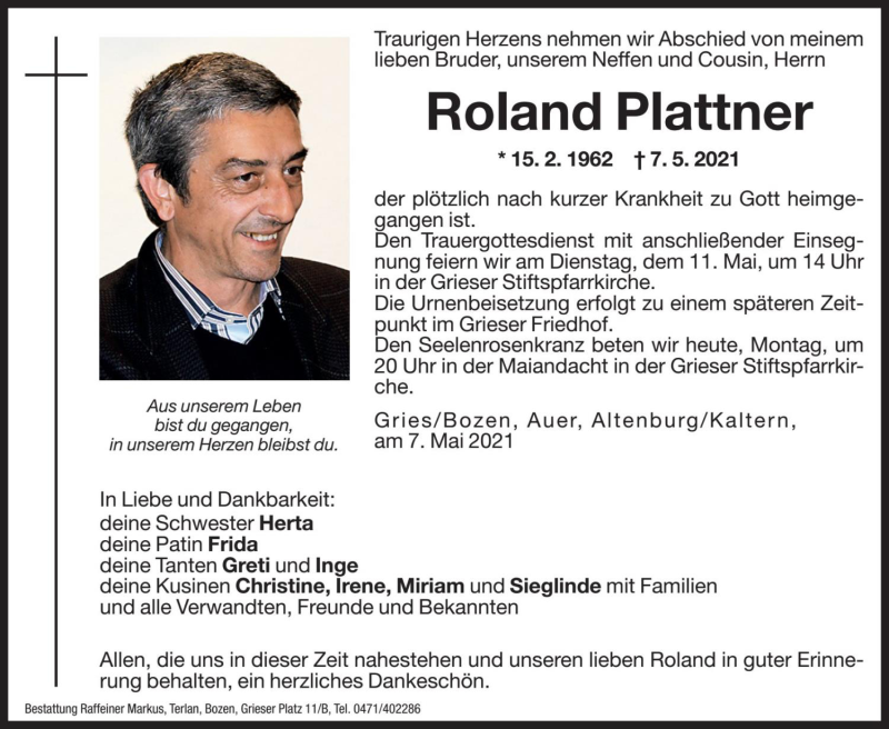  Traueranzeige für Roland Plattner vom 10.05.2021 aus Dolomiten