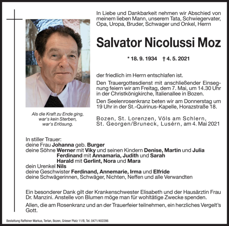  Traueranzeige für Salvator Nicolussi Moz vom 05.05.2021 aus Dolomiten