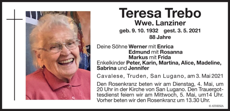  Traueranzeige für Teresa Lanziner vom 04.05.2021 aus Dolomiten