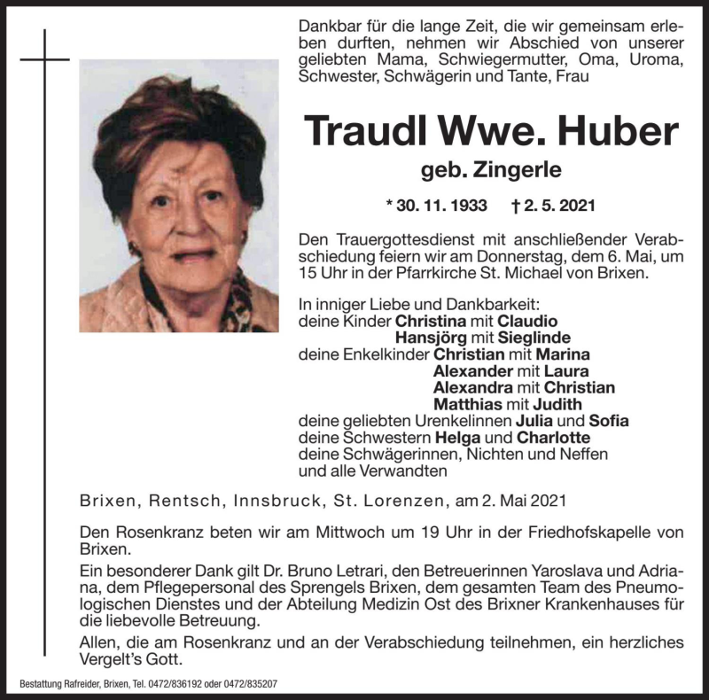  Traueranzeige für Traudl Huber vom 04.05.2021 aus Dolomiten