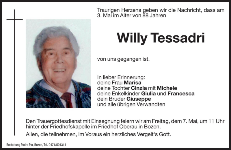  Traueranzeige für Willy Tessadri vom 06.05.2021 aus Dolomiten