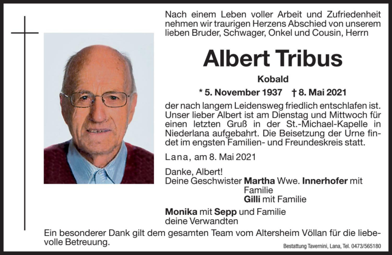  Traueranzeige für Albert Tribus vom 11.05.2021 aus Dolomiten