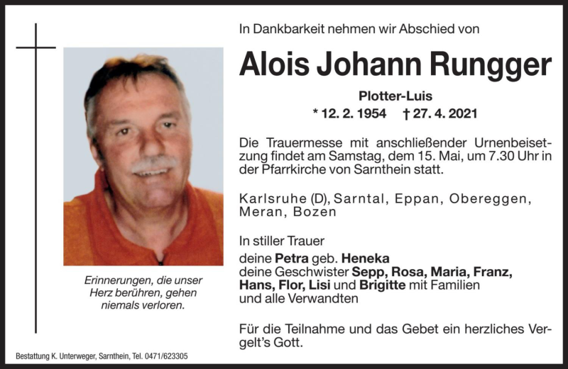  Traueranzeige für Alois Johann Rungger vom 14.05.2021 aus Dolomiten