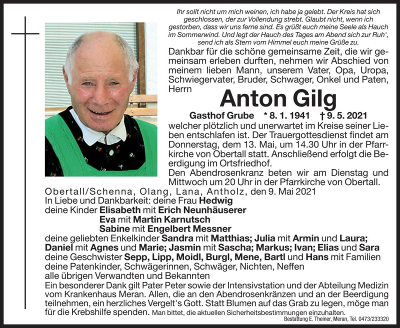  Traueranzeige für Anton Gilg vom 11.05.2021 aus Dolomiten