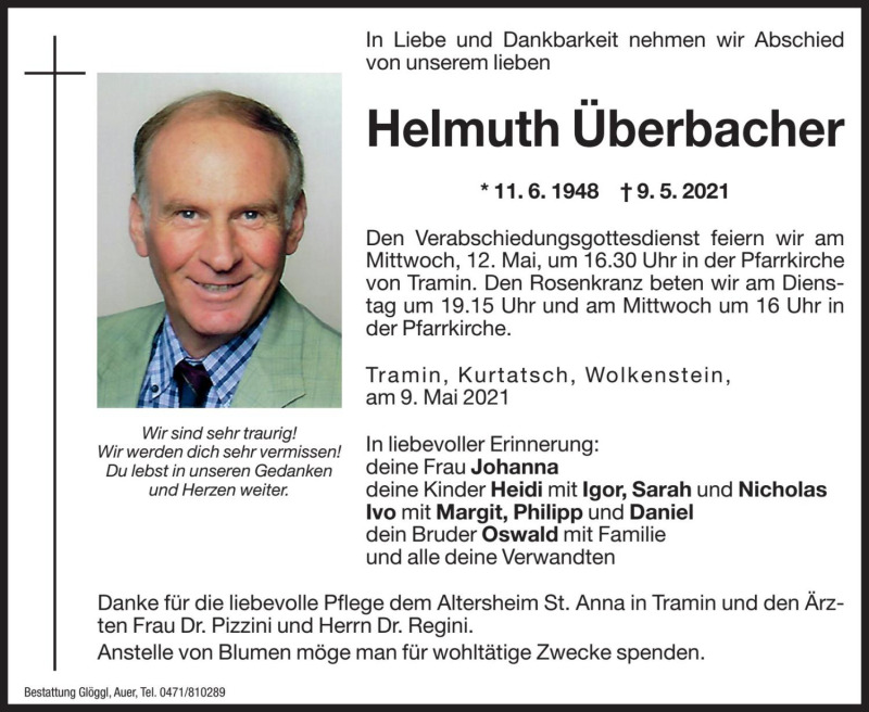  Traueranzeige für Helmuth Überbacher vom 11.05.2021 aus Dolomiten