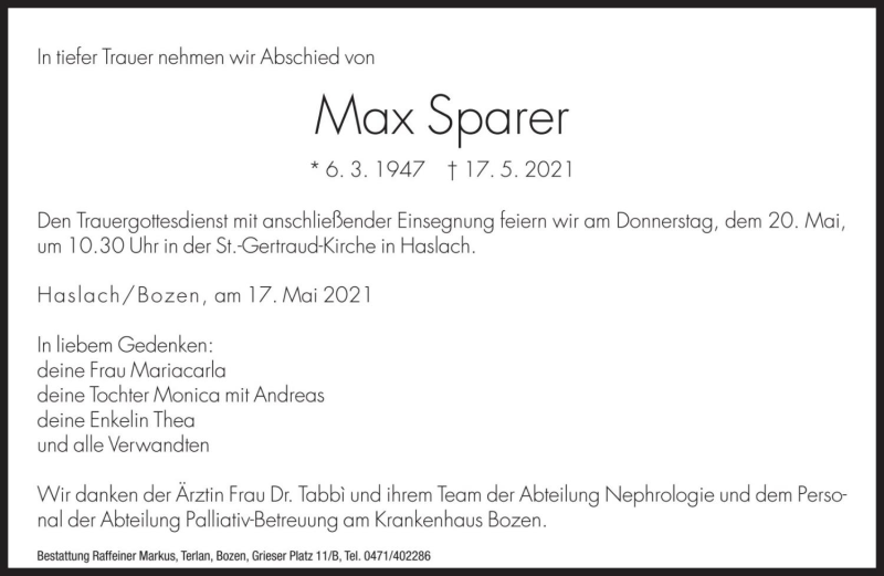  Traueranzeige für Max Sparer vom 18.05.2021 aus Dolomiten