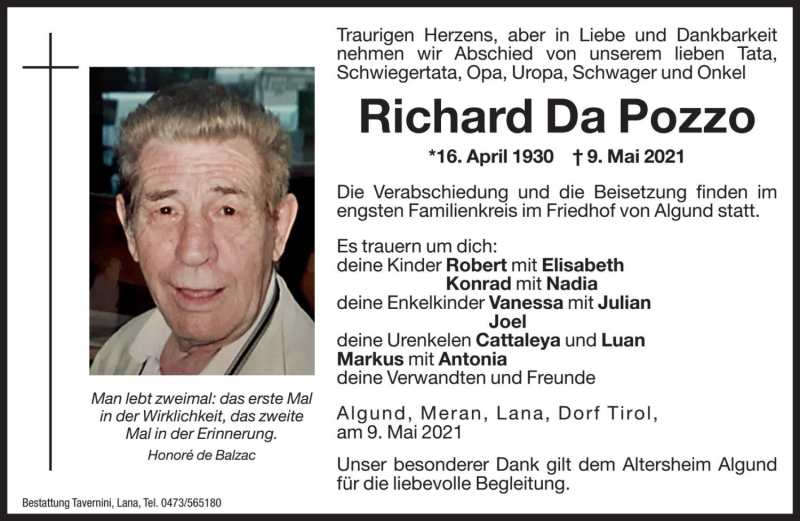  Traueranzeige für Richard Da Pozzo vom 11.05.2021 aus Dolomiten
