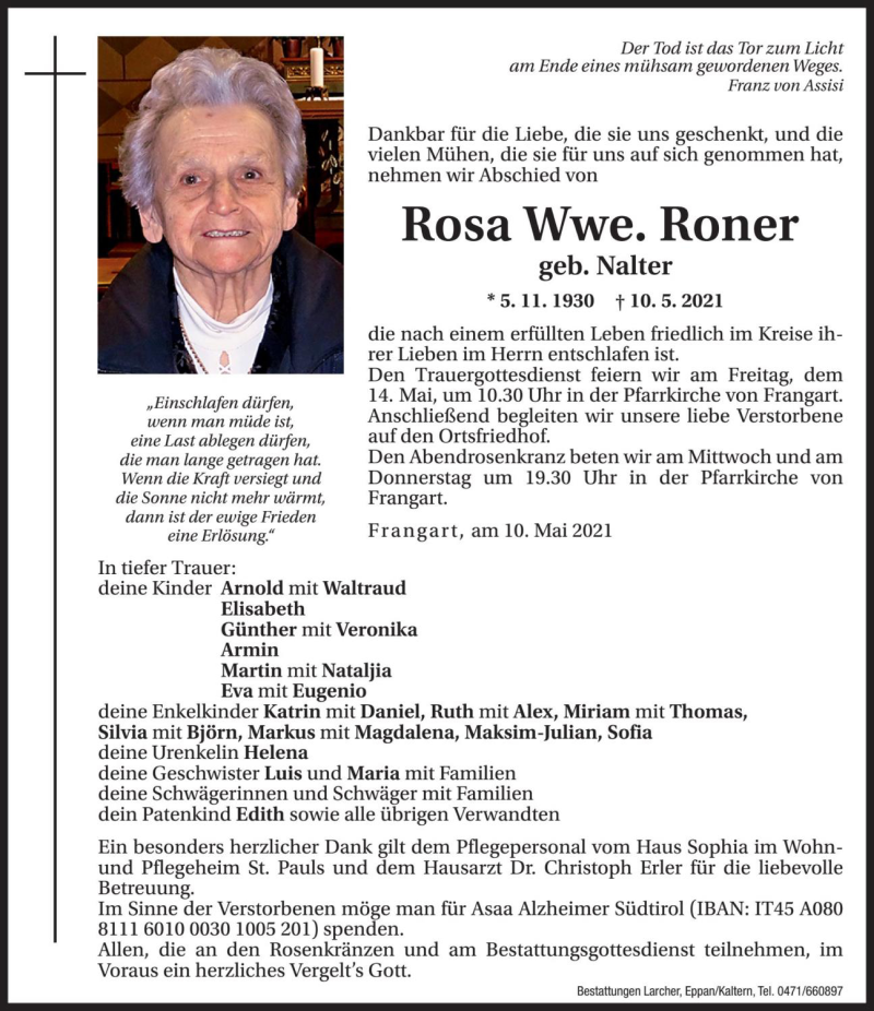  Traueranzeige für Rosa Roner vom 11.05.2021 aus Dolomiten