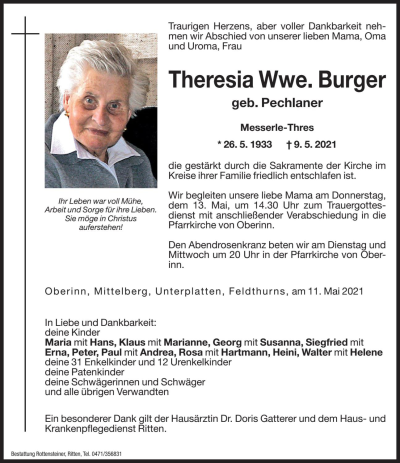  Traueranzeige für Theresia Burger vom 11.05.2021 aus Dolomiten