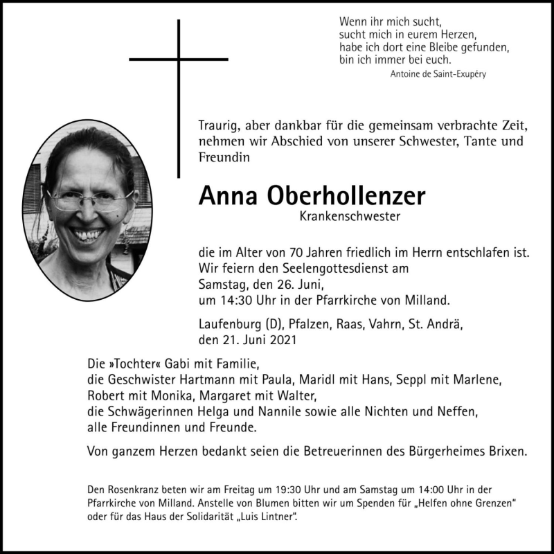  Traueranzeige für Anna Oberhollenzer vom 23.06.2021 aus Dolomiten