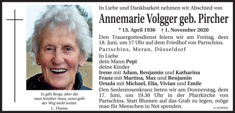  Traueranzeige für Annemarie Volgger vom 11.06.2021 aus Dolomiten