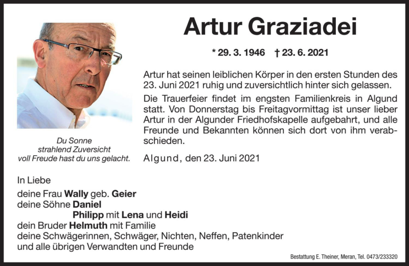  Traueranzeige für Artur Graziadei vom 24.06.2021 aus Dolomiten