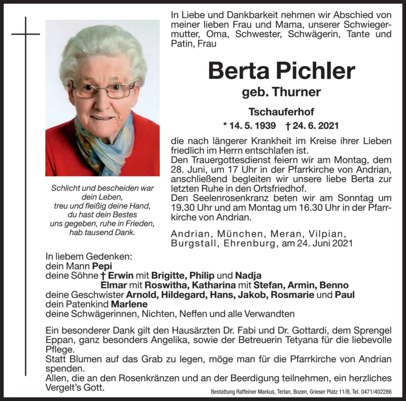  Traueranzeige für Berta Pichler vom 25.06.2021 aus Dolomiten