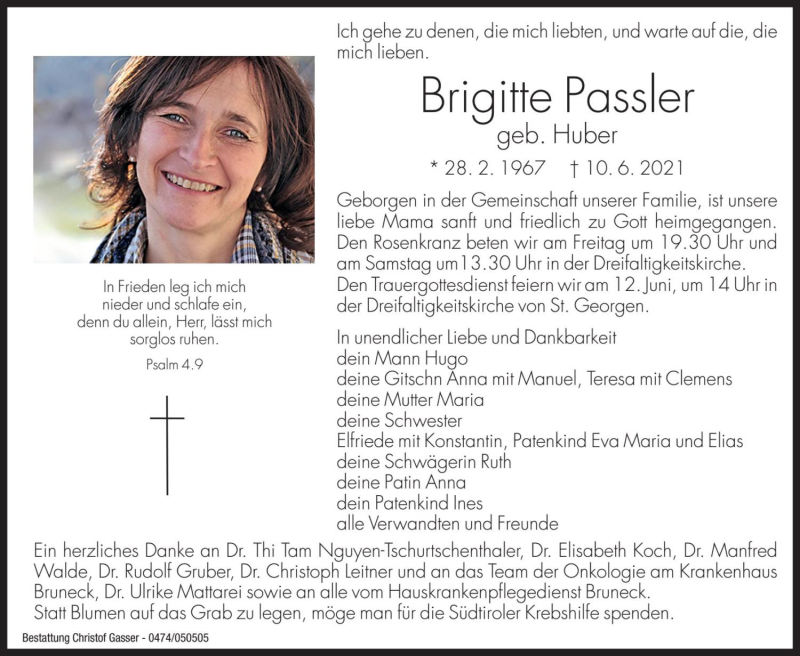  Traueranzeige für Brigitte Passler vom 11.06.2021 aus Dolomiten