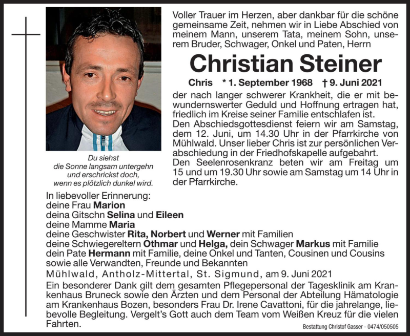  Traueranzeige für Christian Steiner vom 11.06.2021 aus Dolomiten