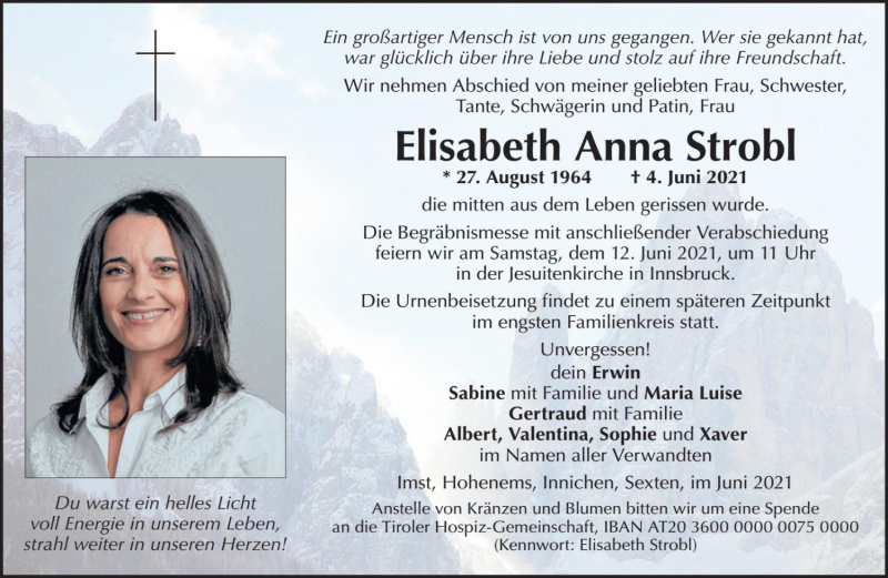  Traueranzeige für Elisabeth Anna Strobl vom 09.06.2021 aus Dolomiten