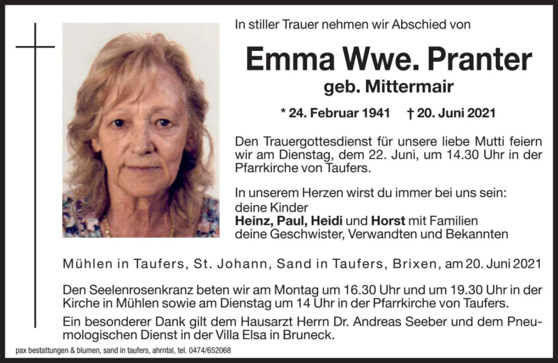  Traueranzeige für Emma Pranter vom 21.06.2021 aus Dolomiten