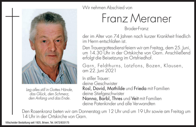  Traueranzeige für Franz Meraner vom 24.06.2021 aus Dolomiten