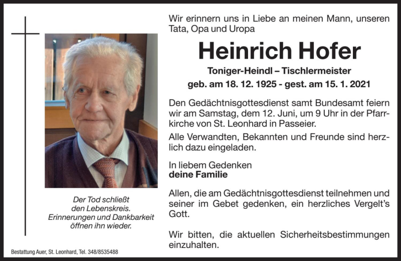  Traueranzeige für Heinrich Hofer vom 08.06.2021 aus Dolomiten