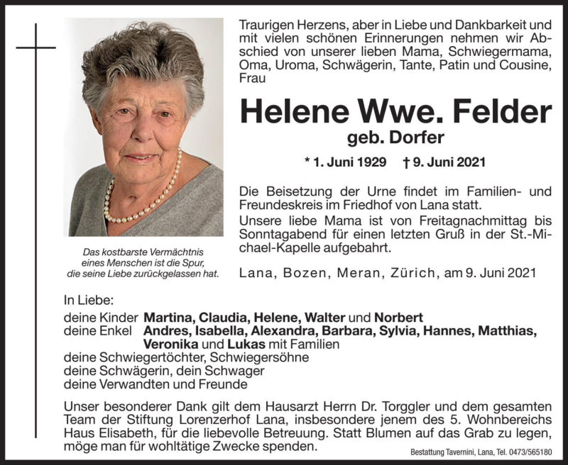  Traueranzeige für Helene Felder vom 11.06.2021 aus Dolomiten
