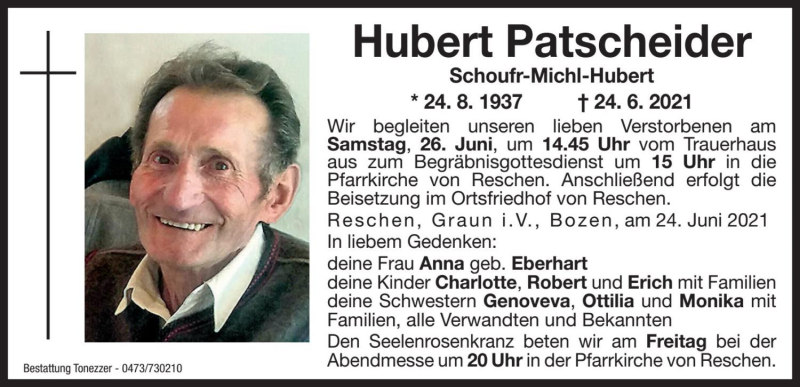  Traueranzeige für Hubert Patscheider vom 25.06.2021 aus Dolomiten