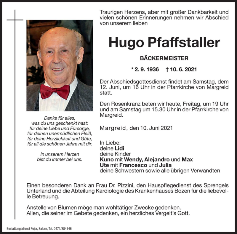  Traueranzeige für Hugo Pfaffstaller vom 11.06.2021 aus Dolomiten