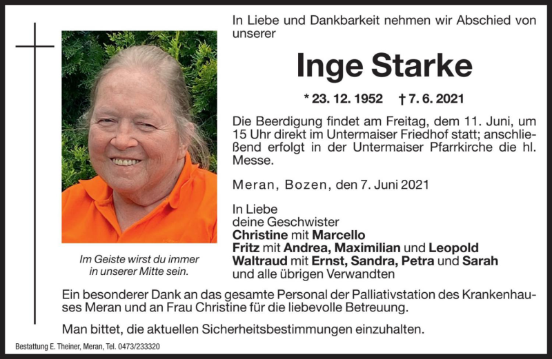  Traueranzeige für Inge Starke vom 09.06.2021 aus Dolomiten